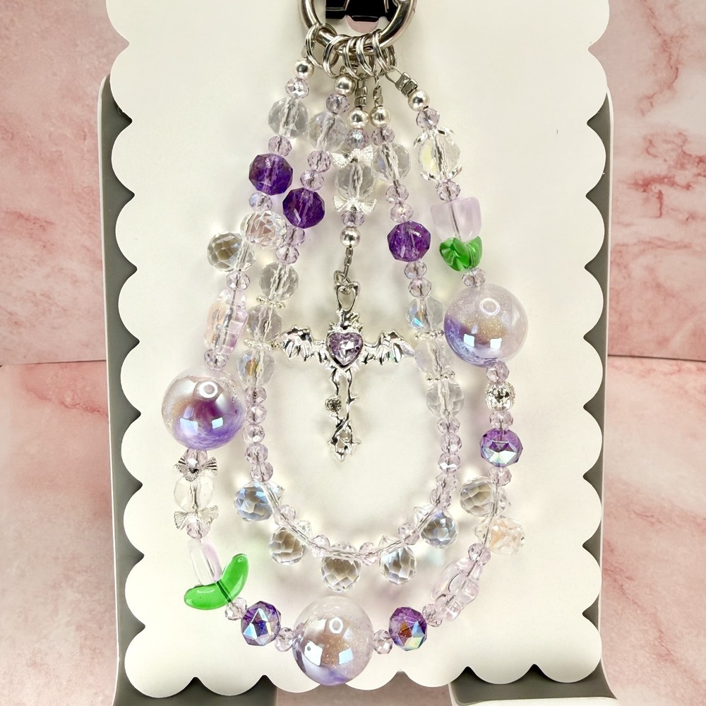 Purple‎ Gothic Bat Cross Phone Wristlet Charm Crystal Beaded Kawaii Bag Keychain